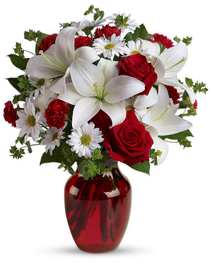 Be My Love red rose and white lily bouquet - Standard size