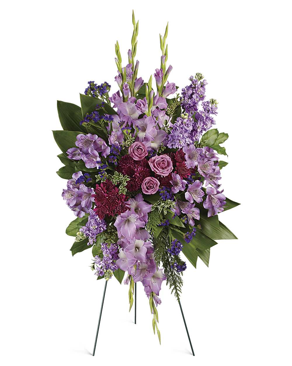 Lavender and purple rose funeral standing spray with gladioli