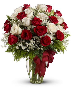 Love's Divine red and white long-stemmed rose bouquet - Deluxe size